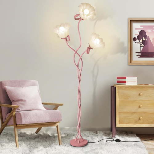Flower Standing Lamp for Bedroom, Cute Corner Floor Lamp with Flexible Gooseneck, 3 Light Floor Reading Lamp with 3 Color Temperatures, Bulbs Included, Tall Floor Lamp for Living Room Corner(Pink)