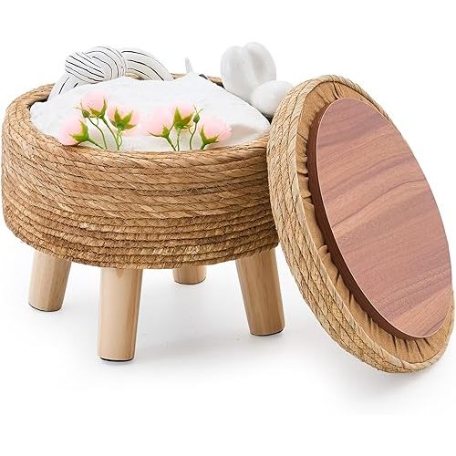 Cpintltr Storage Ottoman Poufs Handwoven Footstool Natural Seagrass Round Footrest Stool with 4 Wood Legs Soft Padded Outdoor Seat for Hallway Lounge Bedroom Garden