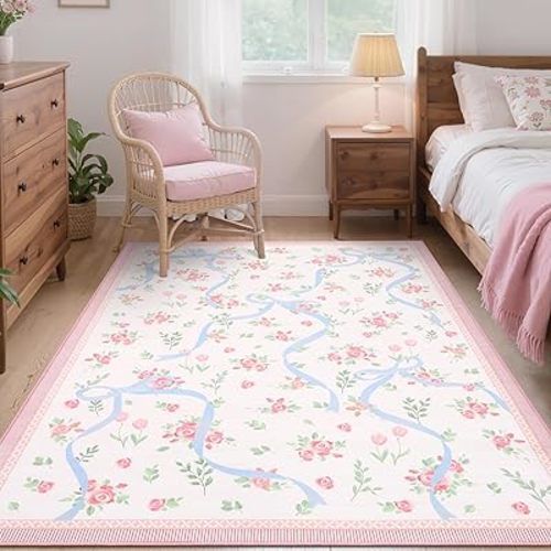 GarveeHome Pink and Blue Bow Rugs for Bedroom Girls, 3x5 Washable Rug for Entryway with Soft Low Pile, Floral Pink Washable Area Rug for Living Room Nursery Kids Playroom Dorm Carpet Decor