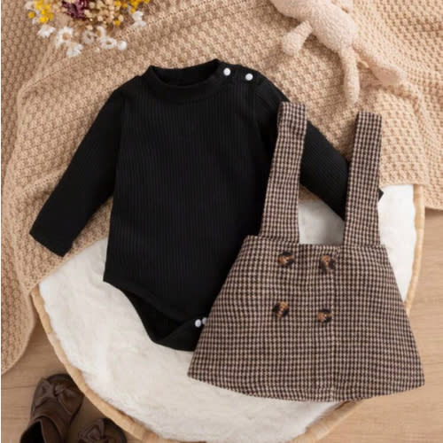 SHEIN Baby Girl Puff Sleeve Bodysuit & Houndstooth Print Suspender Skirt | SHEIN USA