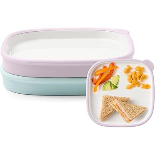 Ello Clean Start Toddler Everything Plate 2 Pack | BPA-Free Ceramic Plates with Silicone Sleeve for Babies/Toddlers | Microwave/Dishwasher Safe, Plastic-Free, High Chair Friendly | Dewdrop/Sugarplum