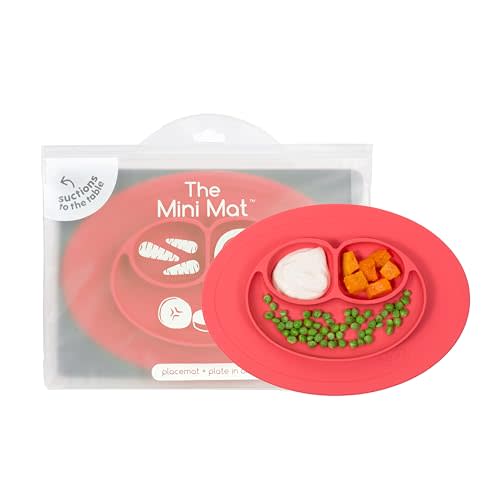 ezpz Mini Mat (Coral) - 6-12 Months+ - 100% Silicone Suction Placemat + Divided Plate with Three Compartments - Supports Baby-Led Weaning - Designed for Highchair, Table, and Travel
