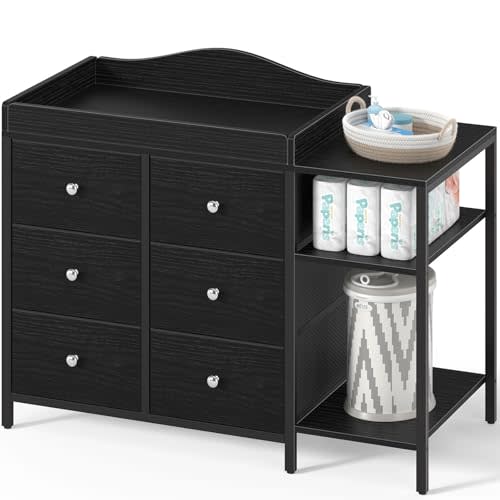 BOLUO Baby Dresser with Changing Table Top, Black Changing Table Dresser with 6 Fabric Drawers Diaper Changing Station with Storage Shelf for Nursery Modern