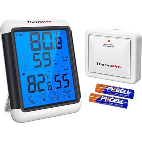 ThermoPro TP65 Indoor Outdoor Thermometer Digital Wireless Hygrometer Temperature Humidity Monitor with Jumbo Touchscreen and Backlight Humidity Gauge,LCD