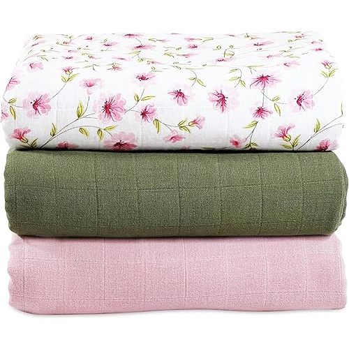 MOZAH Organic Muslin Swaddle Blankets - Pink, Olive and Pink Leaves - 3 Pack - for Baby Boy or Girl - Ideal for Newborns, Toddlers & Registry Essentials