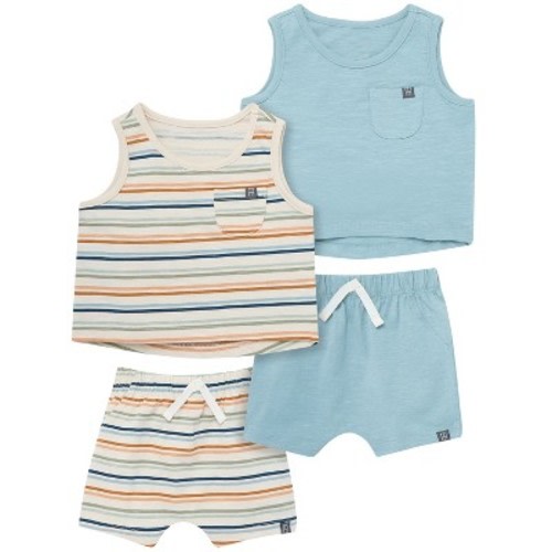 Modern Moments™ by Gerber Baby Boys' 4-Piece Sleeveless Shirt and Shorts Set, Beige Stripe/Md Teal, 0-3 Months