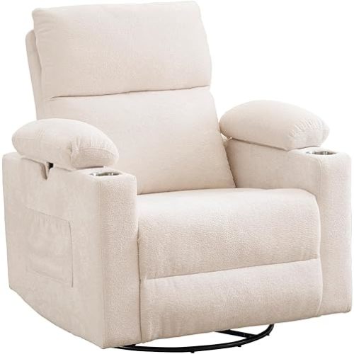 Rocking Chair Nursery with Adjustable Armrest for Breastfeeding, Glider Recliner Nursery Chair with Massage and Heat, Power Swivel Rocker Recliner with Adjustable Headrest, Chenille, White