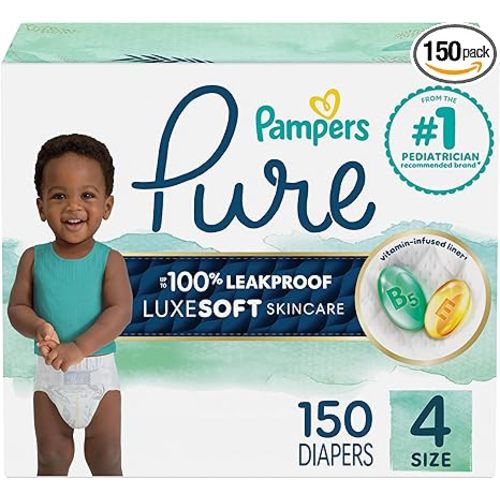 Pampers Pure Baby Diapers, Size 4 (22-37 lbs), 150, Up to 100% Leakproof, Premium Hypoallergenic Soft Diapers