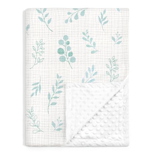 Baby Blankets for Boys Girls, Soft Nursery Minky Blankets with Muslin and Dotted Fleece Back 30x40 inches, Receiving Bed Quilt for Newborn, Infants, Toddlers (Leaf)