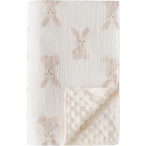 Little Jump Baby Blankets Minky Blankets for Unisex Boys Girls, Soft Fluffy Crib Blankets with Muslin Cotton Front and Dotted Fleece Backing, Bunny Receiving Blanket for Newborn Infants (Bunny)