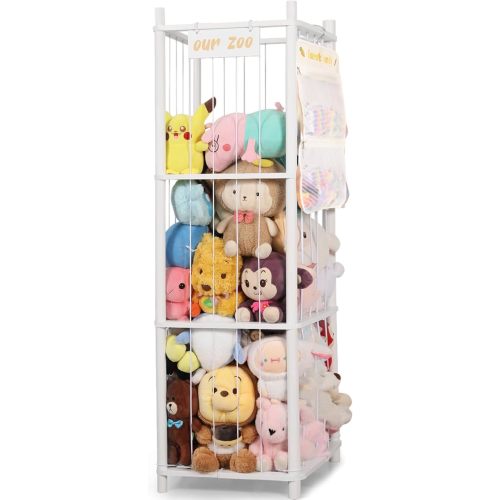 Stuffed Animal Storage Organizer, Large Wooden Zoo Toy Holder with Pockets, Plushie, Stuffy,Toy Storage for Kids Room, Playroom, Bedroom(White Large)
