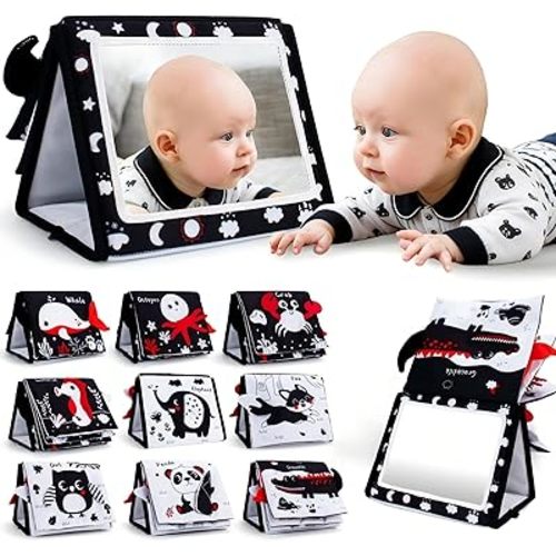 Black and White Baby Books for Newborn, Tummy Time Mirror, Baby Mirror Infant Toys with Soft Cloth Book, High Contrast Baby Toys, 3D Activity Crinkle Pages Sensory Tummy Time Toys for Babies