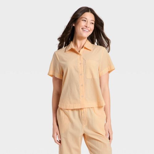 Women's Striped Cotton Blend Short Sleeve Pajama Shirt - Auden™ Peach Orange L