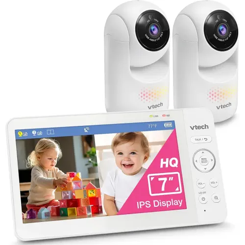 VTech Advanced HQ Max Twin 7" Digital Video 2-Cameras Baby Monitor with Pan Tilt Zoom, Long Battery Life 5000mAh, IPS Screen, Adaptive Multi-Color Night Light, 2-Way Talk, HQ Display, No WiFi, White
