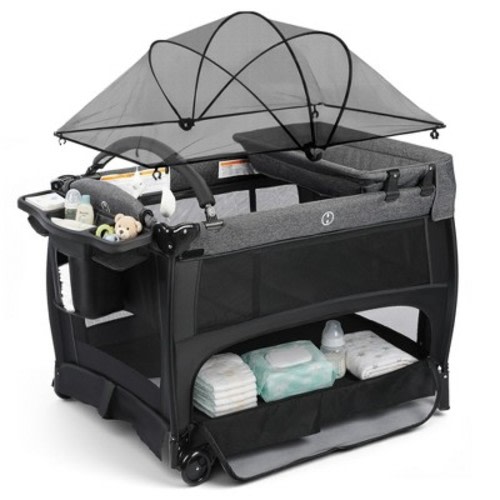 Kinder King 5-in-1 Baby Playard with Bassinet, Bedside Sleeper, Changing Table, Canopy & Side Zipper, Portable Baby Playard