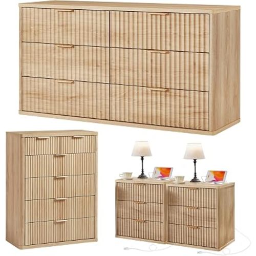 LEYAOYAO Fluted Dressers & Nightstand Set of 4, Wood 48" Wide Dresser & 42" Tall Chest of Drawers,Modern Bedroom Furniture Sets, Natural Wooden Nightstand Set of 2 with 3 Drawers & Charging Station