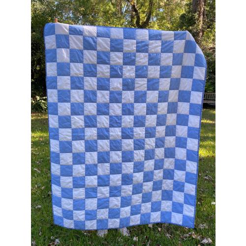 Handmade Sky Blue & White Checkerboard Quilted Throw blanket, 50 in. x 60 in.