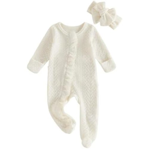 Newborn Baby Girl Footies Solid Color Long Sleeve Ruffled Trim Zipper Footed Onesie Infant One Piece Jumpsuit Headband