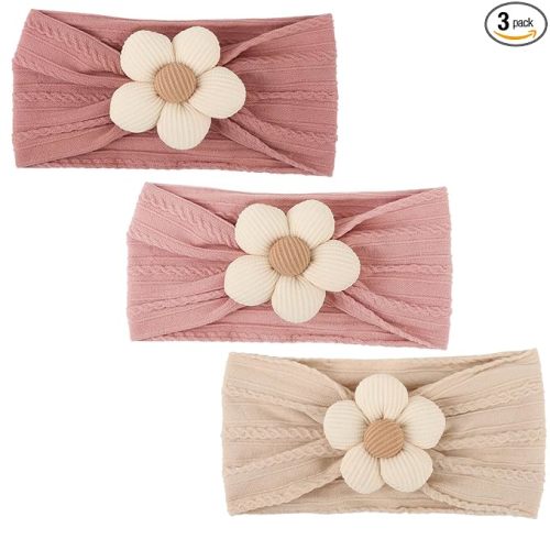 DRESHOW BQUBO Baby Flower Headbands Baby Girls Nylon Headbands Soft Stretchy Hairbands Handmade Hair Accessories for Newborn Infant Toddlers Kids Baby Essentials 3 Pcs