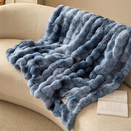 Bedsure Fluffy Bubble Faux Fur Throw XL Blanket, 50"x70", Tie-dye Blue | Soft, Fuzzy, Plush, Thick, Warm, Comfort, Couch, Bed, Sofa, Chair, Fleece, Cozy Gifts, Women, Men, Fall, Winter, Coloring