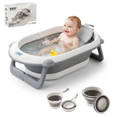 Oioane Collapsible Baby Bathtub with Soft Cushion & Thermometer, Portable Non-Slip Bath Tub for Newborn Infant Toddler, Gray