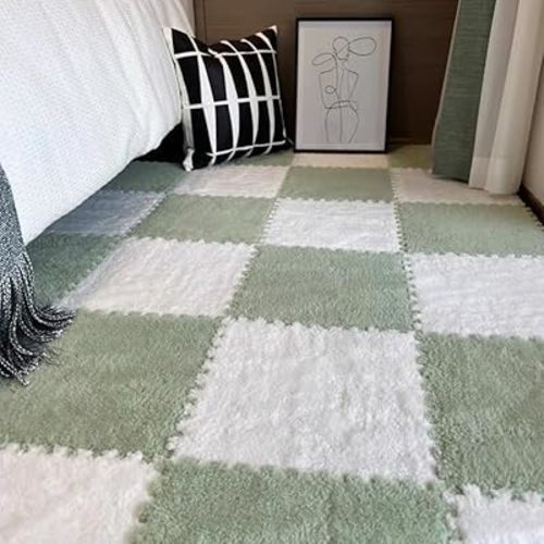 10Pcs Plush Interlocking Floor Mats 12''x12''x0.4'' Anti Slip EVA Foam Puzzle Play Mat Interlocking Tiles Area Rugs Carpet for Bedroom Living Room (White Green)