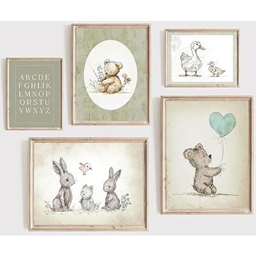 Vintage Nursery Wall Art Kids Canvas Antique Woodland Animals Poster Prints Cute Duck Bunny Bear Painting Pictures Educational Preschool Learning Wall Decor for Neutral Baby Bedroom Unframed