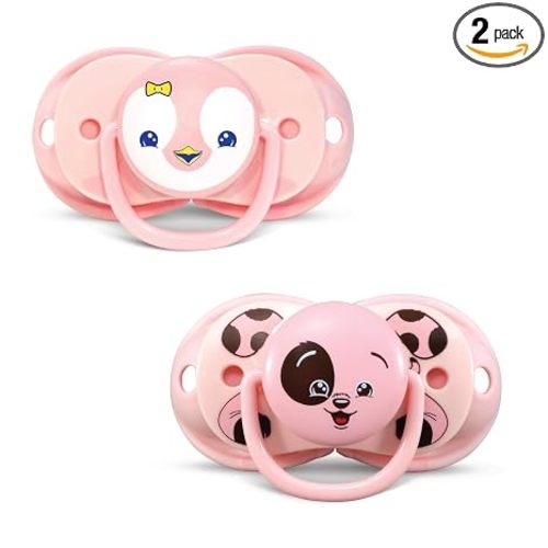 RaZbaby Keep-It-Kleen Baby Pacifier 2-Pack Closes When Dropped - BPA-Free Silicone Orthodontic Nipple, Ideal for Travel, Nipple Stays Clean, 0-36 Months - Pink Penguin/Puppy Design