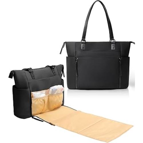 MOMINSIDE Neoprene Diaper Bag Tote, Diaper Bag Backpack pañaleras para bebe with Changing Station,14 Pockets Large Capacity Travel Baby Bag for Mom, Convertible Diaper Tote, Black