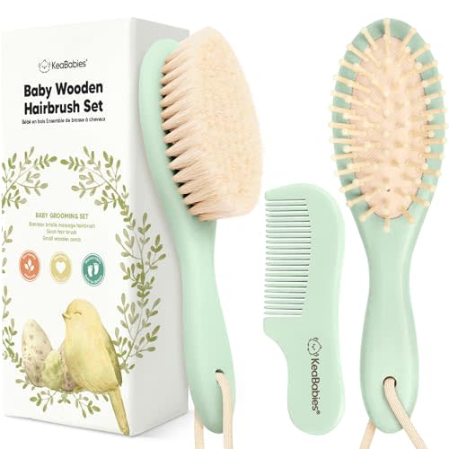 Baby Hair Brush Set for Newborns - Soft Goat Bristle Wooden Baby Brush and Comb Set Newborn Grooming Kit for Cradle Cap, Durable & Gentle, Boy, Girl Infant Essentials Care Kit (Oval, Sage)