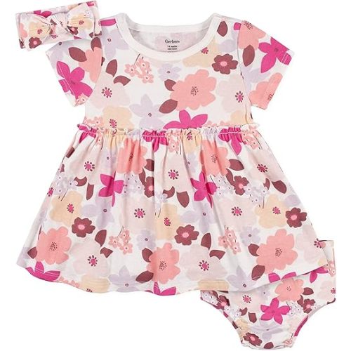 Gerber baby-girls 3-piece Dress, Diaper Cover and Headband Set