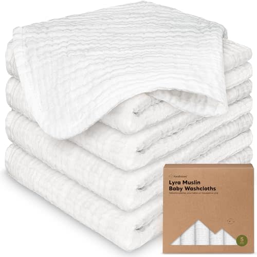 5-Pack Muslin Baby Washcloths for Newborn – 12x12" Soft Absorbent Organic Cotton Muslin Wash Cloths for Babies Girl, Boy, Infant, Toddlers, Kids Face Towel, Bath Essentials,Baby Burp Rags (Soft White)