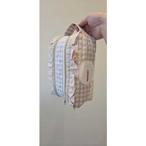 Tan Gingham Diaper + Wipe Pouch W/ Tan Ruffle White/Gold Zipper