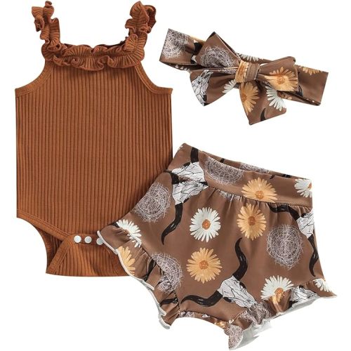 3pcs Toddler Girls Summer Outfits Ribbed Halter Crop Top Romper Bodysuit +Floral Bloomer Shorts+Headband Clothes Set