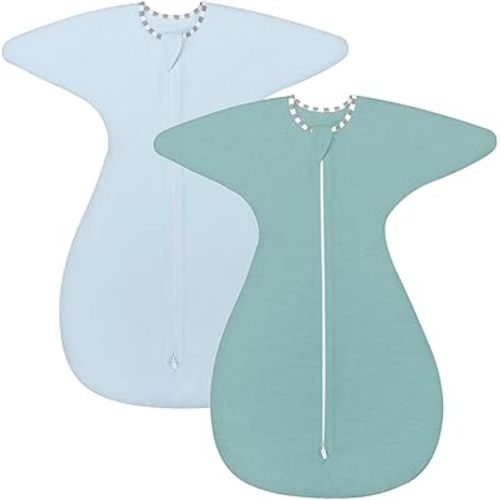 ZIGJOY Shark-Fin Transitional Swaddle for Newborn - 0.5 Tog Rayon Made from Bamboo Transition Swaddle Sleep Sack 6-12 Months Baby Arms Up Swaddle Blanket with 2-Way Zipper, Green&Blue