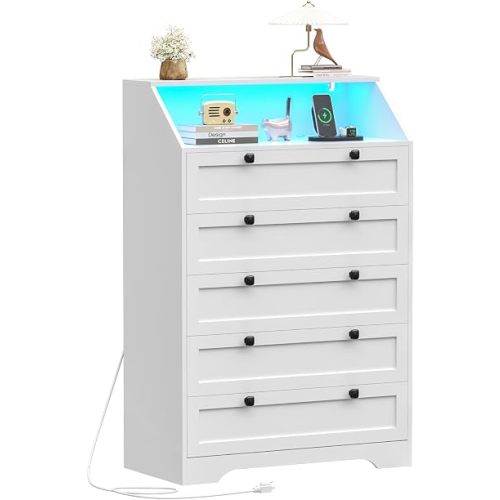 Wodeer White Dresser Tall 5 Drawer Dresser for Bedroom, Wood Chest of Drawers with LED Lights, Charging Station, Metal Handles, Modern Storage Cabinet and Organizer Drawers for Living Room, Hallway