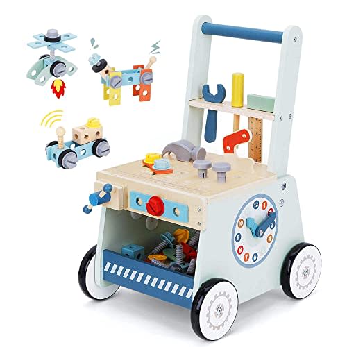2-in-1 Wooden Baby Walker and Tool Bench with Building Play, Blue | Sturdy Wooden Push Walker with a Tool Bench, Pretend Tools, Bolts, Clock, and Storage for Hands-On Building Play, 18 Months+