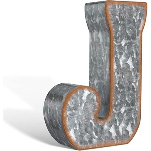 CraftyCrocodile 7" Galvanized Metal Letters for Wall Decor - 3D Letter J for Hanging & Freestanding - Unique Blend of Rustic, Vintage, Western, Industrial Styles