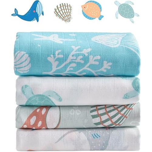 Muslin Swaddle Blankets for Newborn, 4 Pack Large 47"x47" Soft Breathable Bamboo Cotton Baby Blanket, Lightweight Receiving Blanket for Boys and Girls, Ocean Friends