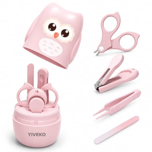 Baby Nail Kit, 4-in-1 Baby Nail Care Set with Cute Case, Baby Nail Clippers, Scissors, Nail File & Tweezers, Baby Manicure Kit and Pedicure kit for Newborn, Infant, Toddler, Kids-Owl Pink
