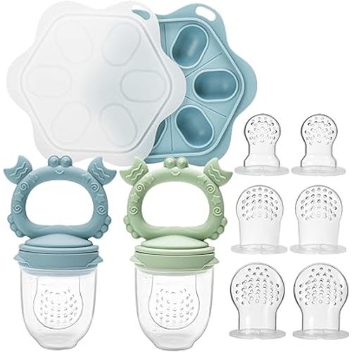 MR.TIMELAG Baby Fruit Food Feeder & Mini Freezer Nibble Tray Combo, Additional Silicone Sacs, BPA Free Silicone Feeder for Safe Infant Self Feeding, for Teething Babies and Self-Feeding Babies