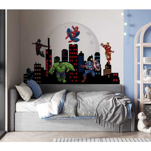 Superhero Cityscape Wall Decal, Kids Room Vinyl Sticker, Boys Nursery, Spiderman Decor for Toddler Bedroom, Decoration for Playroom