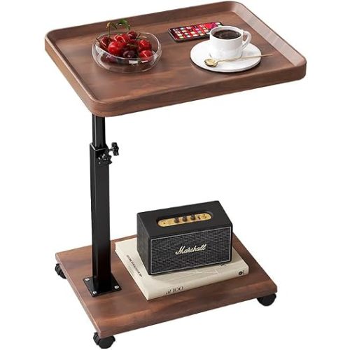 Premium Adjustable C-Shaped TV Tray Sofa Side Table with Wheels – Couch Tray for Snacks, Food, TV, Bed, Bathroom, or Study Use (Brown)