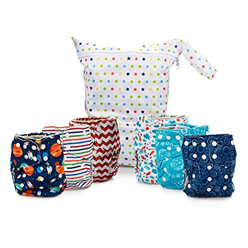 Simple Being Reusable Cloth Diapers, Double Gusset, One Size Adjustable, Washable Soft Absorbent, Waterproof Cover, Eco-Friendly Unisex Baby Girl Boy, six 4-Layers Microfiber Inserts (Space)