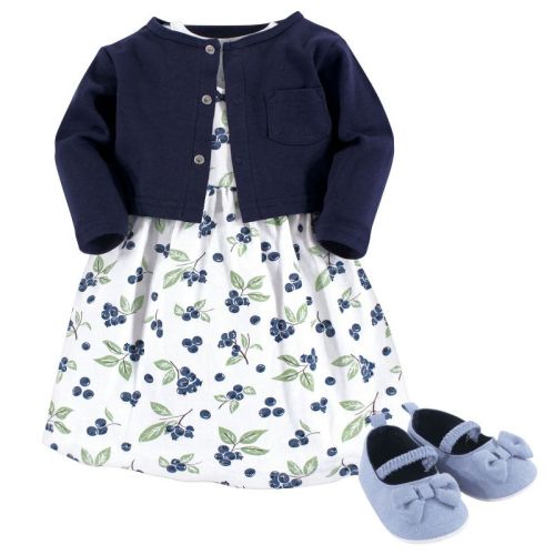 Hudson Baby Infant Girl Cotton Dress, Cardigan and Shoe 3pc Set, Blueberries, 6-9 Months