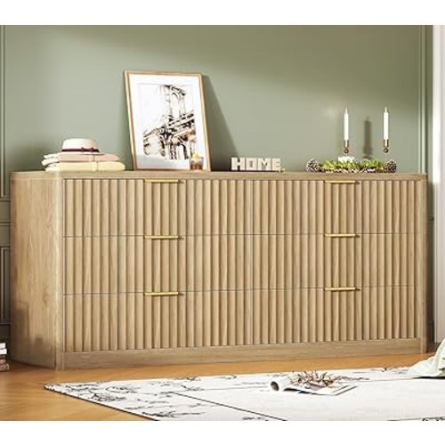 56.3'' Dresser for Bedroom with 6 Drawers, Dressers & Chest of Drawers with Curved Profile Design, 6 Drawer Dresser, Fluted Dressers, Wood Dressers for Bedroom, Living Room, Natural