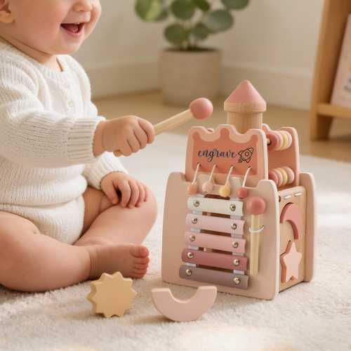 Personalized Wooden Castle Activity Cube, Montessori Toddler Toy,Custom Name Baby Gift,Wooden Puzzle & Blocks, Educational Toy for Toddlers.