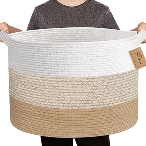 Extra Large Storage Basket, 22” X 22” X 14” Blanket Basket Living Room, Kids Toy Box Organizer, Woven Cotton Rope Baskets for Storage, Soft Dog Toy Bin, Wicker Pillow Blanket Holder