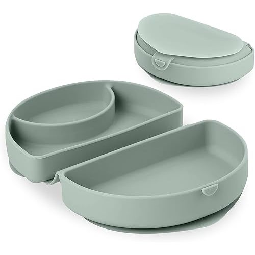 Miniware Baby Travel Plate with Suction - Foldable Silicone Baby Travel Essential to Promote Self-Feeding - Dishwasher Safe, BPA Free, Silicone Baby Plate For On The Go - Eucalyptus Silifold