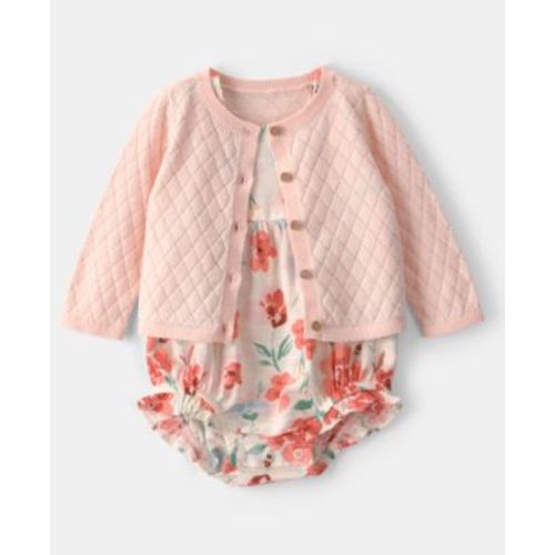 Baby Girls' Crewneck Cardigan and Floral Bubble Romper, 2-Piece Set